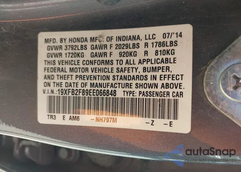 2014 Honda Civic Ex z USA, uszkodzony, nr VIN 19XFB2F89EE066848